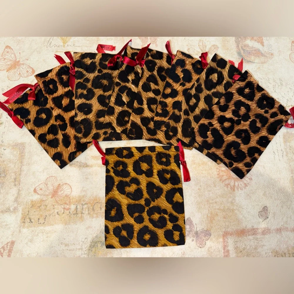 1 Brighton Leopard Print Drawstring Bags Pouch with Red Ribbon